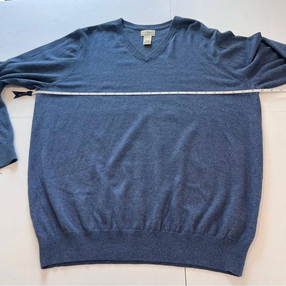 LL Bean Blue V Neck Cotton Cashmere Pullover Sweater XL‎